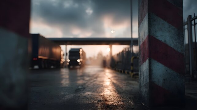 Semi trailer trucks at a wet industrial checkpoint during a moody sunset with atmospheric reflections - Powered by Adobe