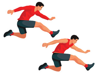 Figures of a Japanese male runner in profile jumping a hurdle at the steeplechase championships in red summer and winter sports uniforms