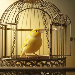 Yellow Canary in Ornate Cage - A Captivating Bird Portrait.
