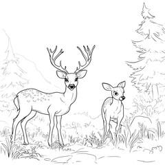 Obraz premium Majestic Buck and Fawn Outline in a Forest Landscape