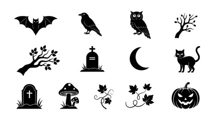 Halloween Icons: A collection of iconic Halloween-themed elements in minimalist black and white illustrations. It features a bat, crow, owl, spooky tree, tombstone, moon, black cat, mushroom.