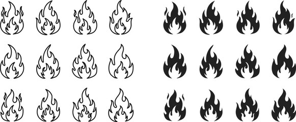 Fire flame vector illustration set black and white design