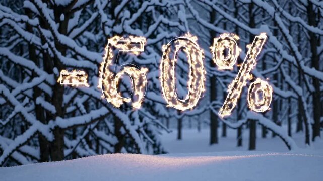 Bright numbers in a snowy forest announce exciting winter discounts. Shimmering lights showcase a 50% and 60% reduction, encouraging viewers to take advantage of this festive offer - Powered by Adobe
