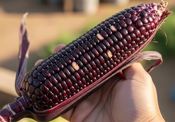 Hand Holding Purple Corn Cob with White Kernels in Sunlight.
