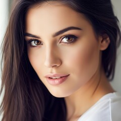 Portrait of a Beautiful Woman with Brown Eyes and Long Dark Hair.