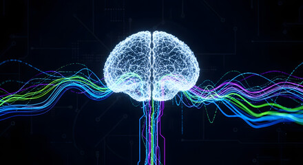 Human brain with electrical connections and colorful lines against a dark background design