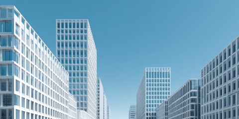 Obraz premium Modern urban office buildings with clean minimalist geometric design against a blue sky.