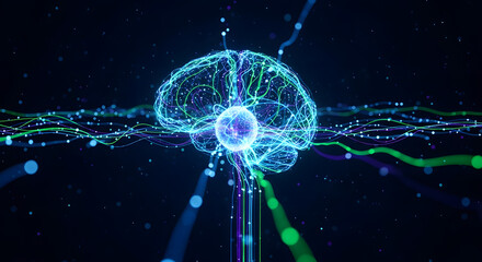 Glowing brain with connected lines and particles on a dark background representing ai network