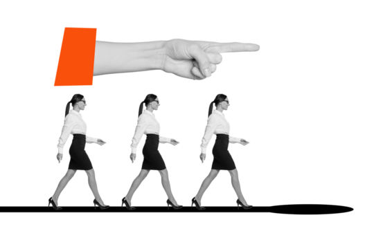 Composite photo collage of happy business girls partners walk hand point success career promotion leader isolated on painted background