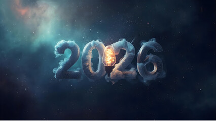 Fototapeta premium Floating lamp in zero gravity, smoke forming “2026” made of stars and nebulae — deep space background with aurora and cosmic dust, fantasy sci-fi tone.