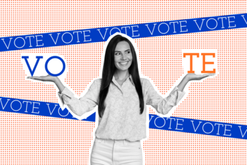 Creative collage picture young cheerful woman choice election president select campaign agitation right left hand vote drawing background