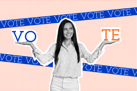 Creative collage picture young cheerful woman choice election president select campaign agitation right left hand vote drawing background