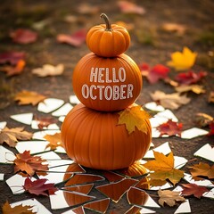 Hello October - Stacked Pumpkins and Autumn Leaves on the Ground.