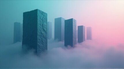 Fototapeta premium Abstract Blue Gray Cloudscape with Tall Block Structures Surrounded by Mist and Soft Pink Light