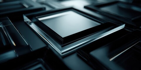 Abstract background with sleek dark glass frames and reflections, minimalist design