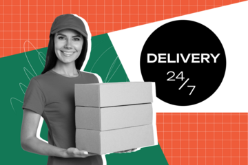 Composite photo collage of happy girl postal worker carry box parcel shipment fast delivery 24 7 service isolated on painted background
