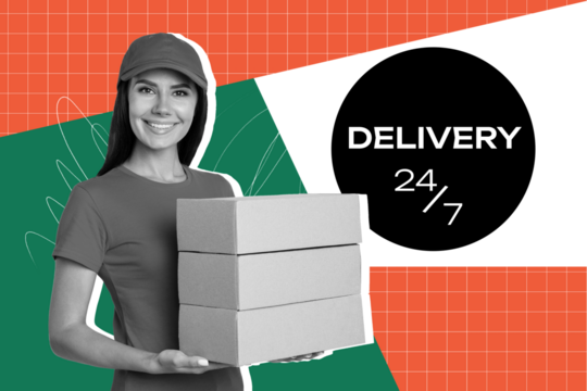 Composite photo collage of happy girl postal worker carry box parcel shipment fast delivery 24 7 service isolated on painted background