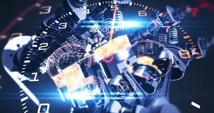 Explosive Speedometer to V8 Car Engine, Reveals Steering and Ignition. Car Engine Related 3D Animation.