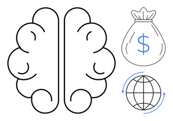 Obraz premium Brain representing intelligence and ideas, money bag indicating wealth, globe with arrows for global interaction. Ideal for innovation, finance, global strategy, economy, trade, growth simple flat