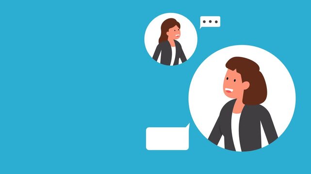 This flat design animation features two characters conversing through chat bubbles. Perfect for digital communication or customer service themes.