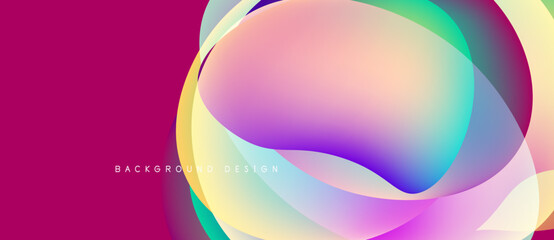 Abstract fluid shapes overlap, creating vibrant color gradients. Pink background complements flowing design elements. Modern, dynamic composition.