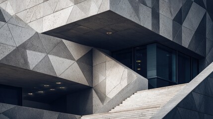 Obraz premium Intricate Geometric Concrete Facade with Angular Patterns and Staircase