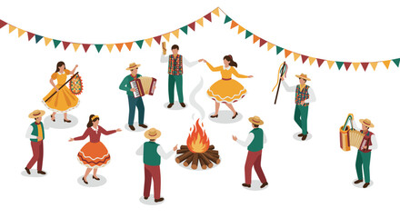 Isometric folk dance celebration with campfire and traditional attire in festive setting