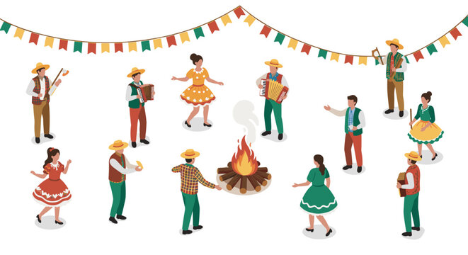Traditional folk dance festival with musicians and bonfire in isometric style