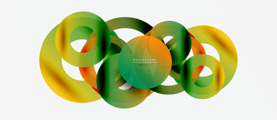 Abstract colorful overlapping circles create dynamic visual effect. Gradient shades blend smoothly, forming modern design element.