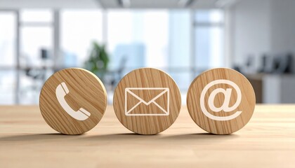 Wooden icons of phone, email, and at symbol on desk with sunlight. Concept of contact us, customer service, communication channel, business support, online inquiry, and professional connection.