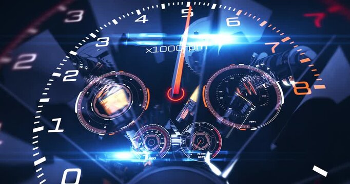 Intense Dashboard to V8 Car Engine, Ends with Steering Start Button View. Car Engine Related 3D Animation.