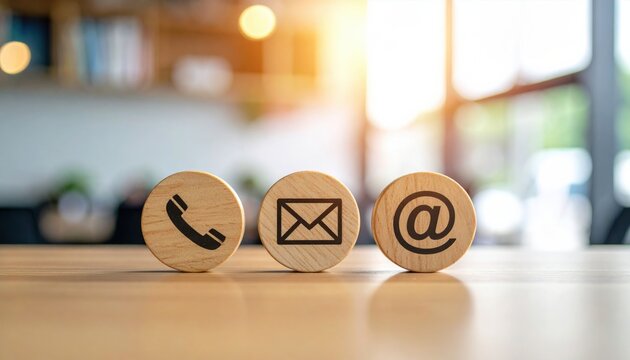 Wooden icons of phone, email, and at symbol on desk with sunlight. Concept of contact us, customer service, communication channel, business support, online inquiry, and professional connection. - Powered by Adobe
