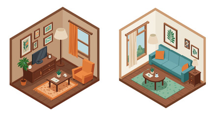Cozy isometric living room designs with modern furniture and decor elements