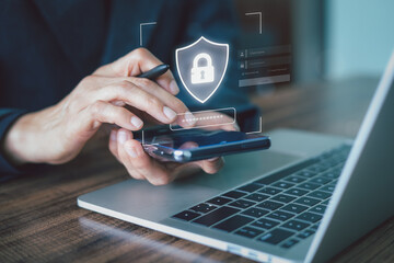 Businessman using a password for secure login on a smartphone. Cybersecurity concept represents data protection, user authentication, online privacy, network security technology for account access.