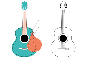 Collection of electric and acoustic guitars with musical instruments isolated on white background
