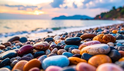 Colorful pebbles on a beach at sunset