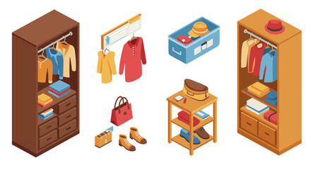 Isometric wardrobe organization with clothes, accessories, and storage solutions