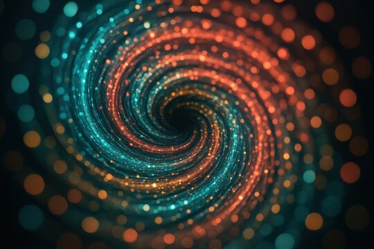 Teal and orange glittering spiral vortex abstract background