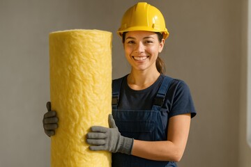 Woman builder holding insulation material for home renovation