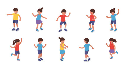 Isometric kids dancing set in colorful outfits on white background