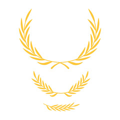 Golden laurel wreath set of four elegant vector elements, classic victory award branch icons, luxury achievement prize decoration clip art, isolated heraldic crown symbols on transparent background.