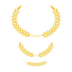 Golden laurel wreath set of four elegant vector elements, classic victory award branch icons, luxury achievement prize decoration clip art, isolated heraldic crown symbols on transparent background.