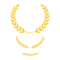 Golden laurel wreath set of four elegant vector elements, classic victory award branch icons, luxury achievement prize decoration clip art, isolated heraldic crown symbols on transparent background.
