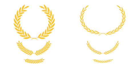 Golden laurel wreath set of four elegant vector elements, classic victory award branch icons, luxury achievement prize decoration clip art, isolated heraldic crown symbols on transparent background.