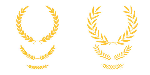 Golden laurel wreath set of four elegant vector elements, classic victory award branch icons, luxury achievement prize decoration clip art, isolated heraldic crown symbols on transparent background.