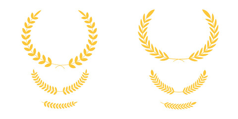 Gold laurel wreath, winner award set vector illustration. Golden branch of olive leaves or stars of victory symbol, insignia emblem decoration design, triumph honor champion prize isolated on white.