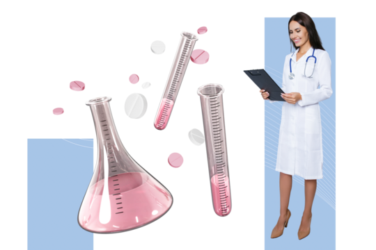 Composite photo collage of happy medic girl hold clipboard recipe flask glass tube vaccine create lab liquid isolated on painted background