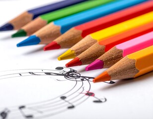 Colorful pencils arranged on music notes
