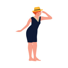 Retro woman wearing vintage Victorian swimsuit and hat, standing isolated on white background vector illustration