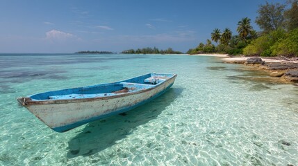 Tranquil boat floats in clear turquoise water near tropical shoreline